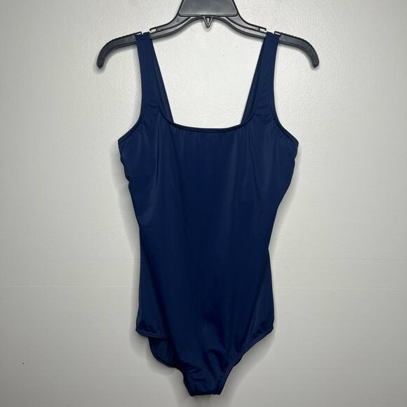 Lands End Womens 14L Long Navy One Piece Swimsuit Built-In Support V-Back Modest - Picture 1 of 9